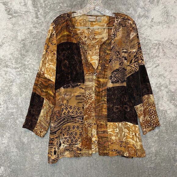 Chico's Tops - Chicos 1 Women Silk Linen Beaded Mixed Media Aztec V Neck Long Sleeve Top M